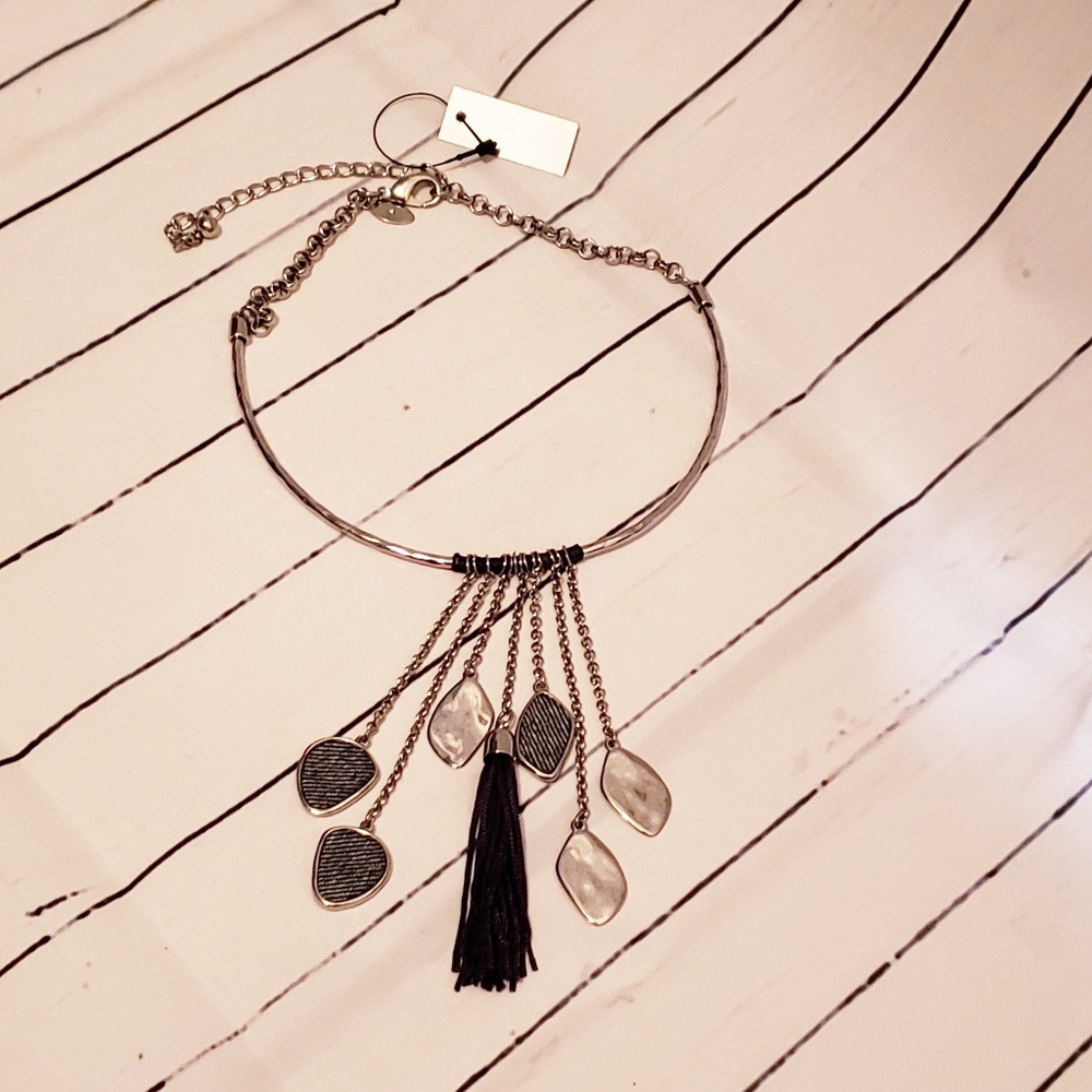 Chico's Denim and Silver Fringe Necklace